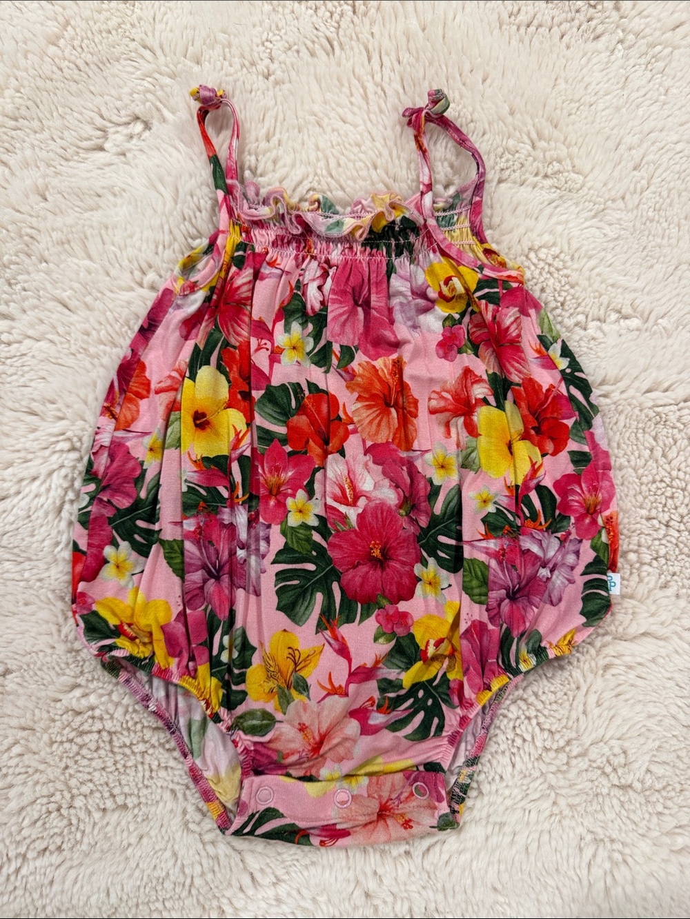 Posh Peanut Pink Floral Bubble Bodysuit - Yellow, Red, Green Accents